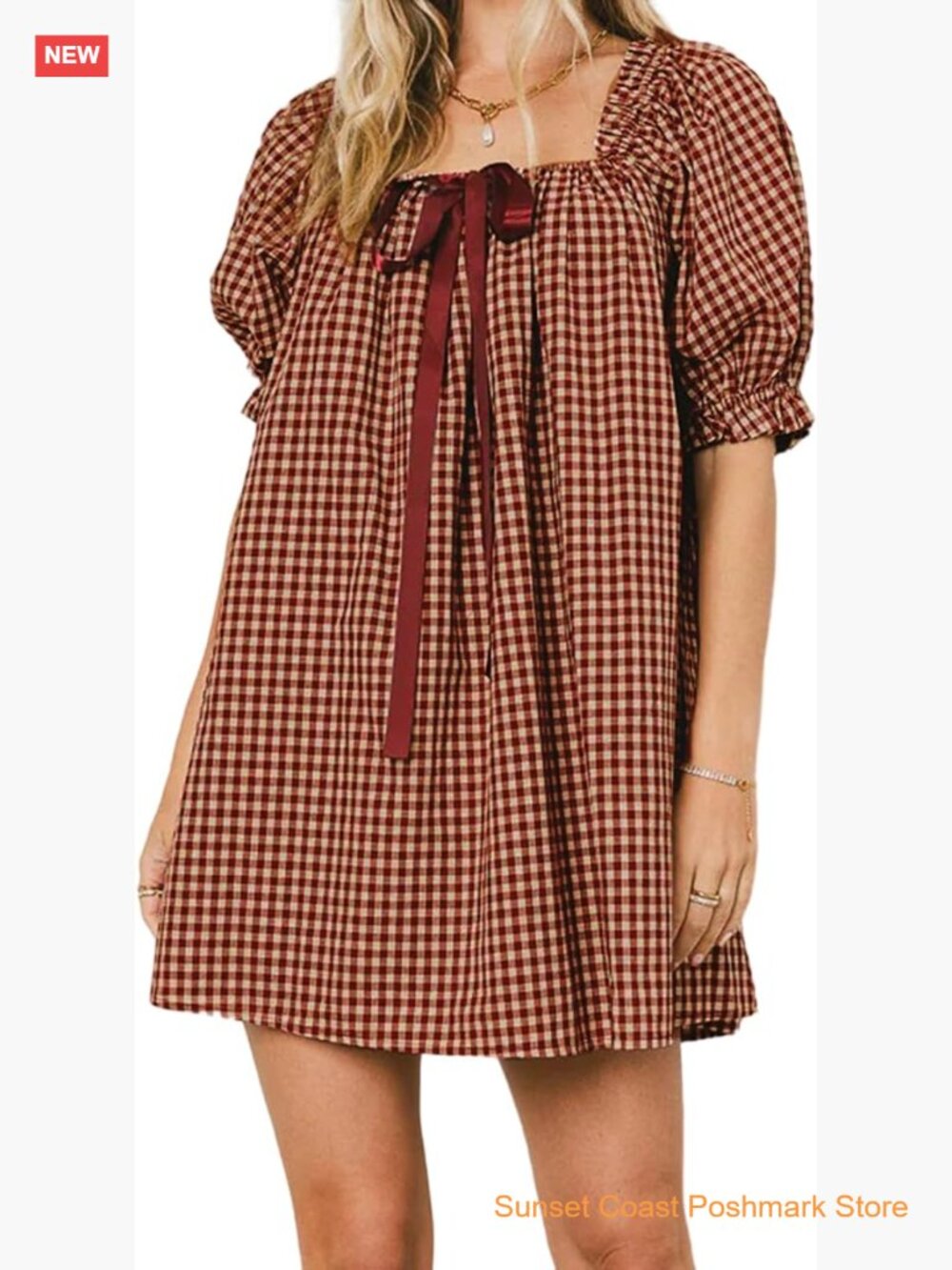 Gingham Babydoll Mini Dress Puff Sleeve Square Neck Bow Tie A-Line Plaid - Picture 1 of 6